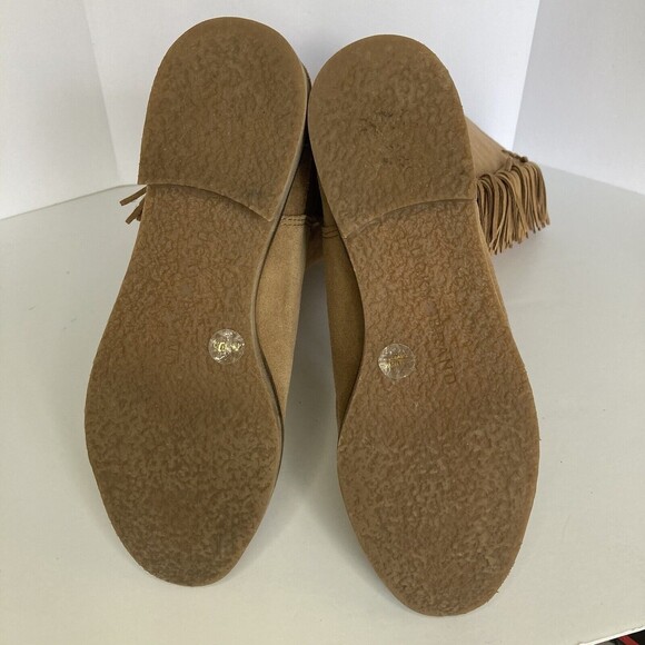 Lucky Brand Boot LK Grayer 7.5M Suede Tan Pullon Flyaway Fringe Mid-Calf Western - Picture 10 of 11